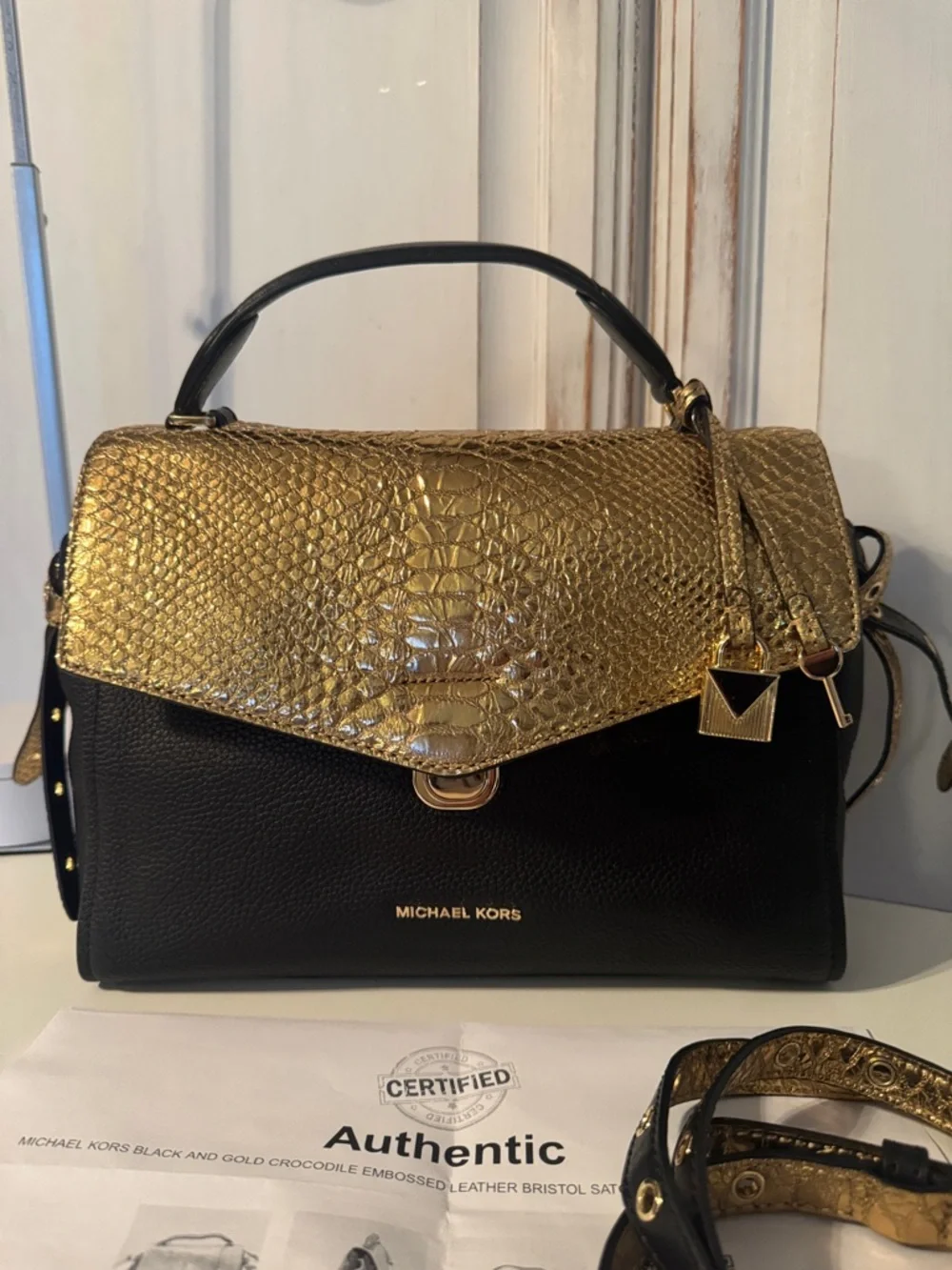 Michael Kors Bristol Black Metallic Gold Snake Embossed Leather Purse Bag - Picture 3 of 10